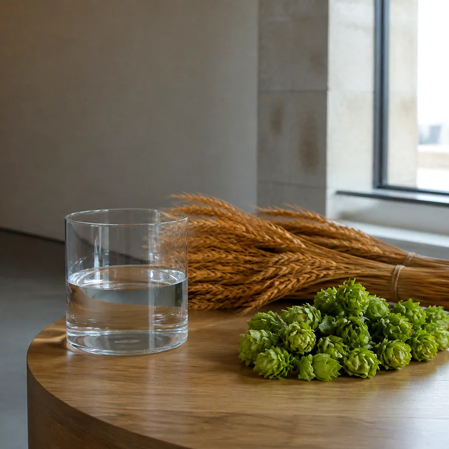 Recreación ilustrativa: Materias primas de la cerveza Estrella Galicia: agua, malta y lúpulo