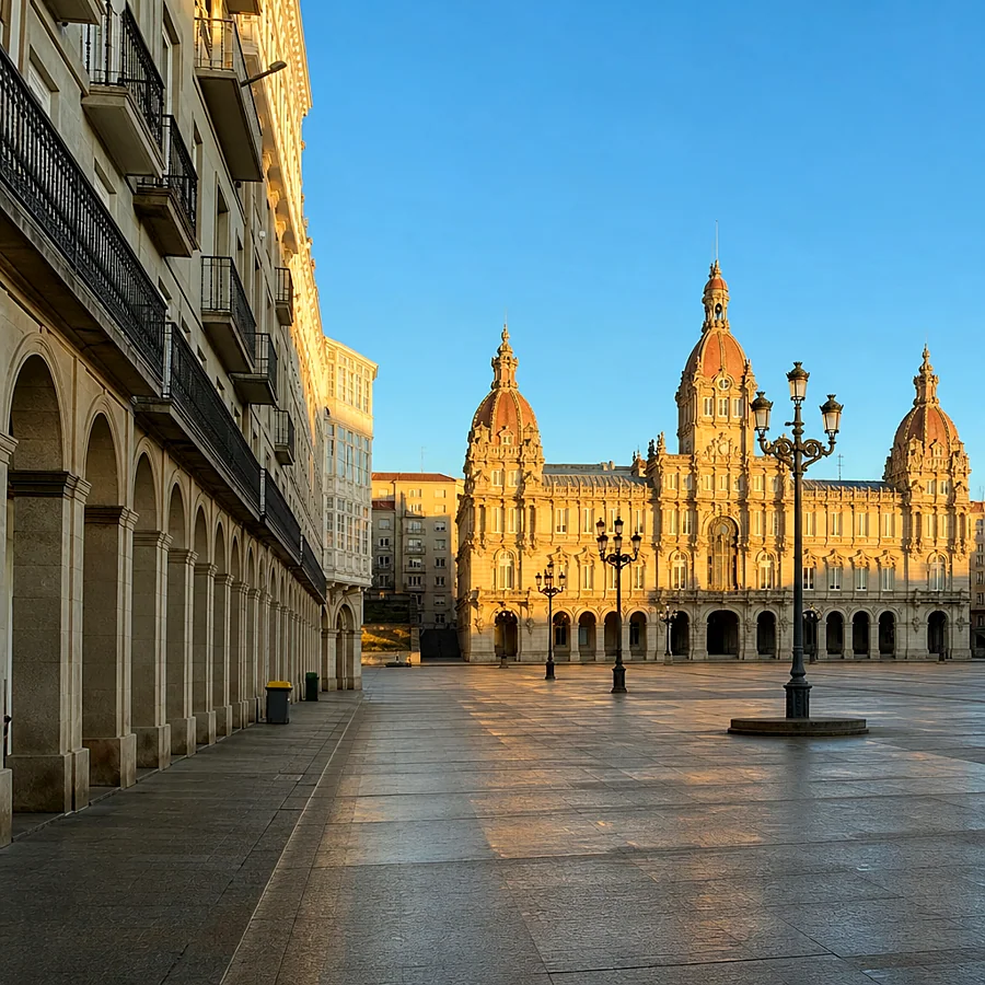 Recreación ilustrativa: Soportales y plaza de María Pita en A Coruña, escenario de conciertos de las fiestas