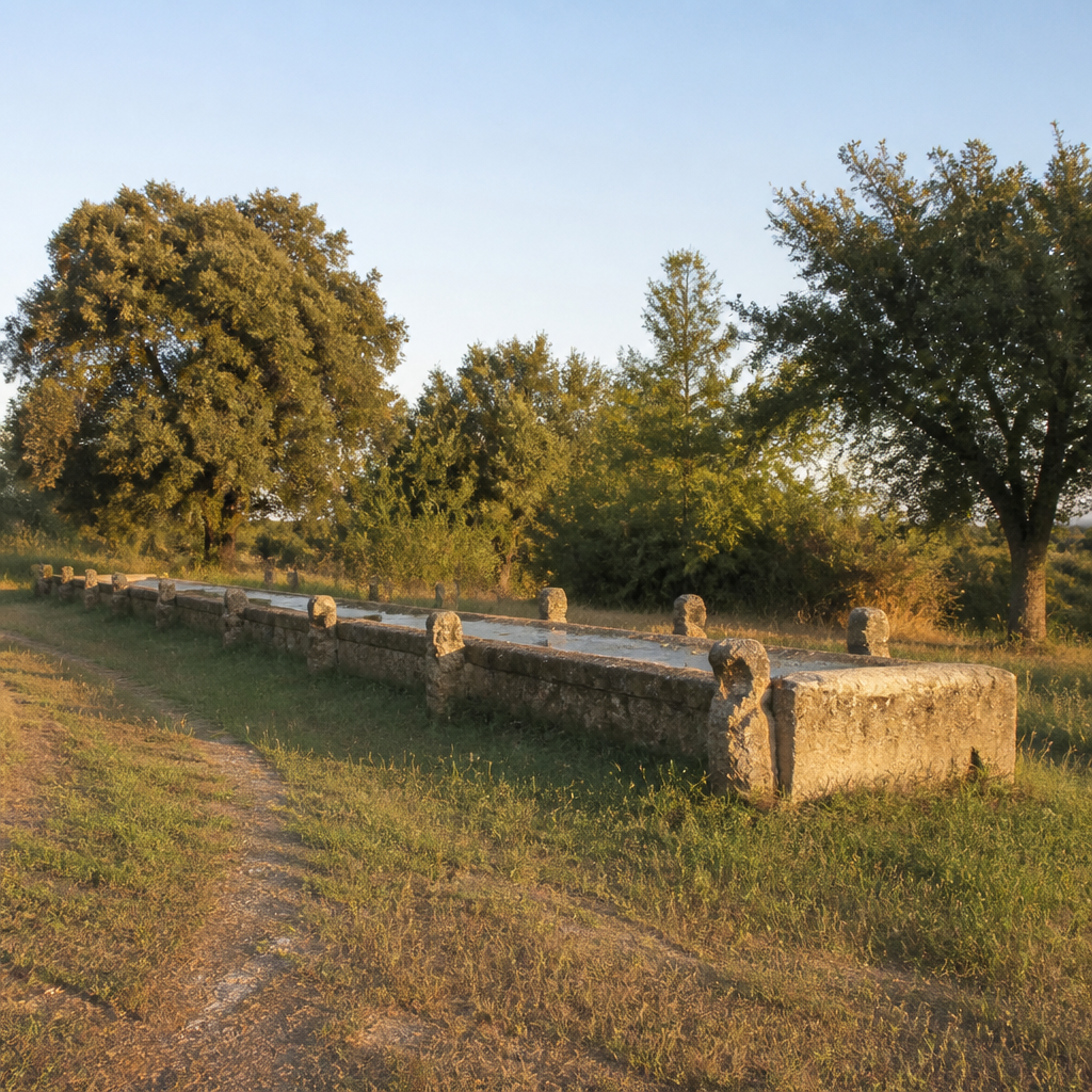 Pilón y pilares de piedra del Abrevadero Medieval (Pilar de la Dehesa Vieja) visto de lado en Adamuz
