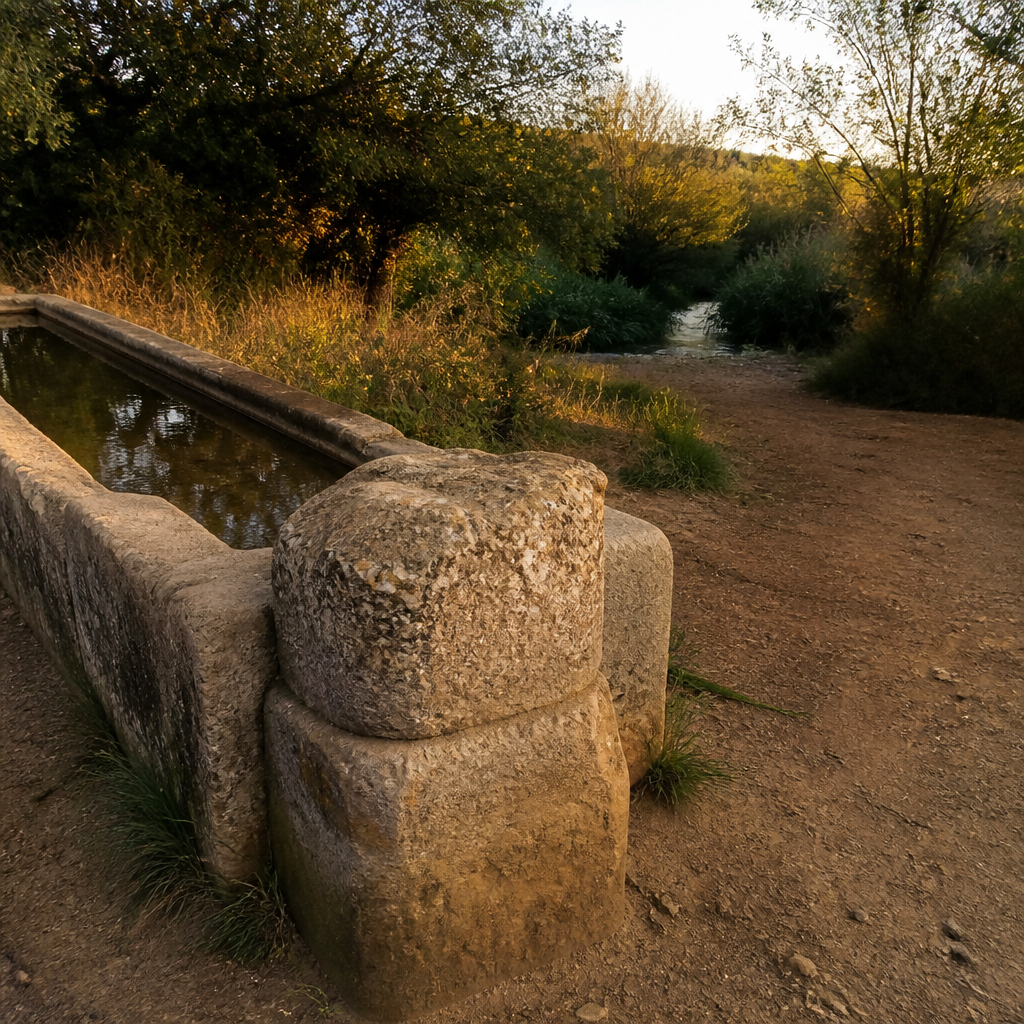 Extremo oeste del Abrevadero Medieval (Pilar de la Dehesa Vieja) con el camino y el arroyo Parrosillo en Adamuz