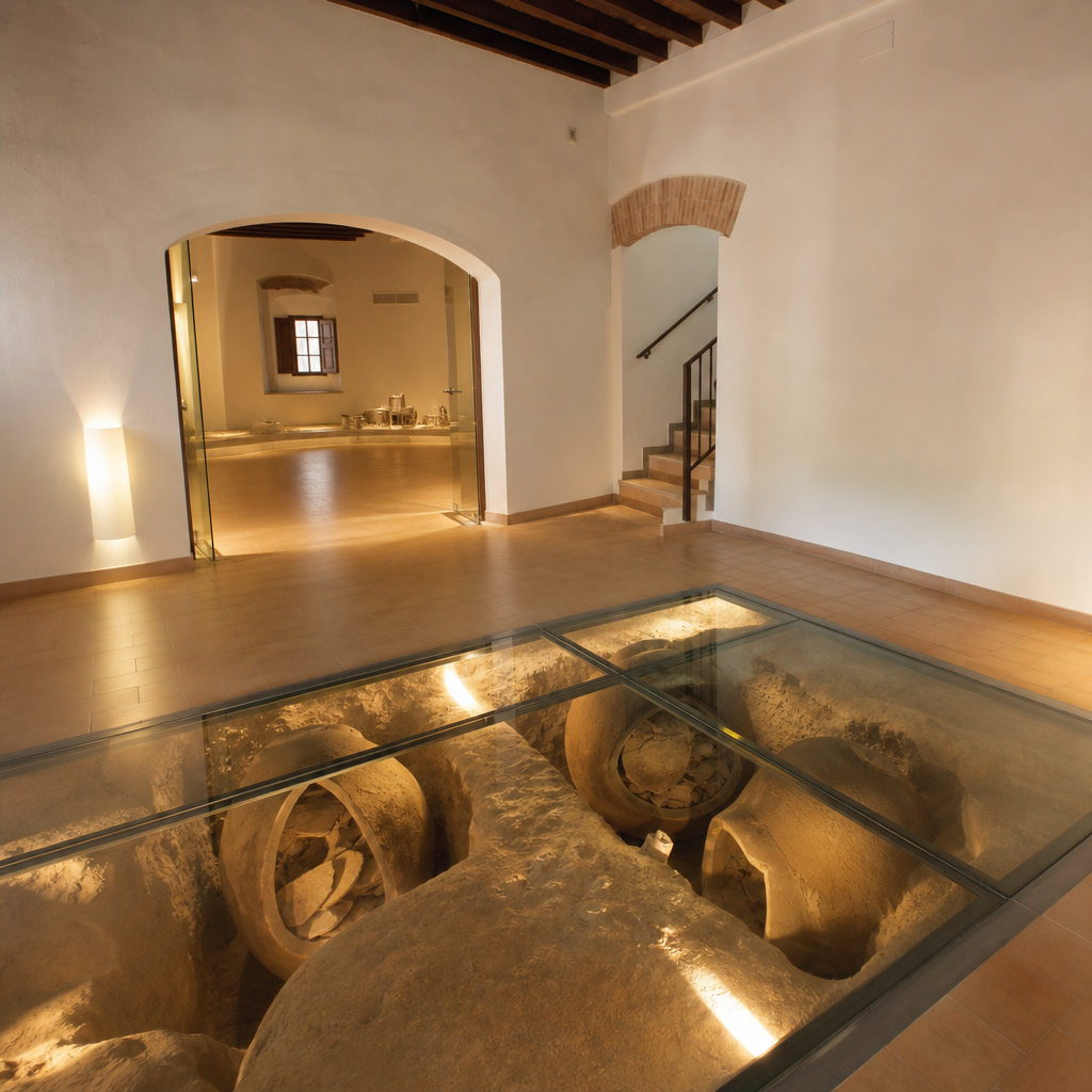 Tinajas bajo el suelo en la sala expositiva del Centro de Interpretación de Adamuz