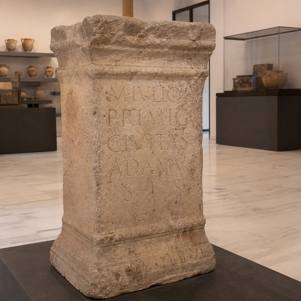 Pedestal romano con una inscripción antigua en la Sala de la Historia de Adamuz.