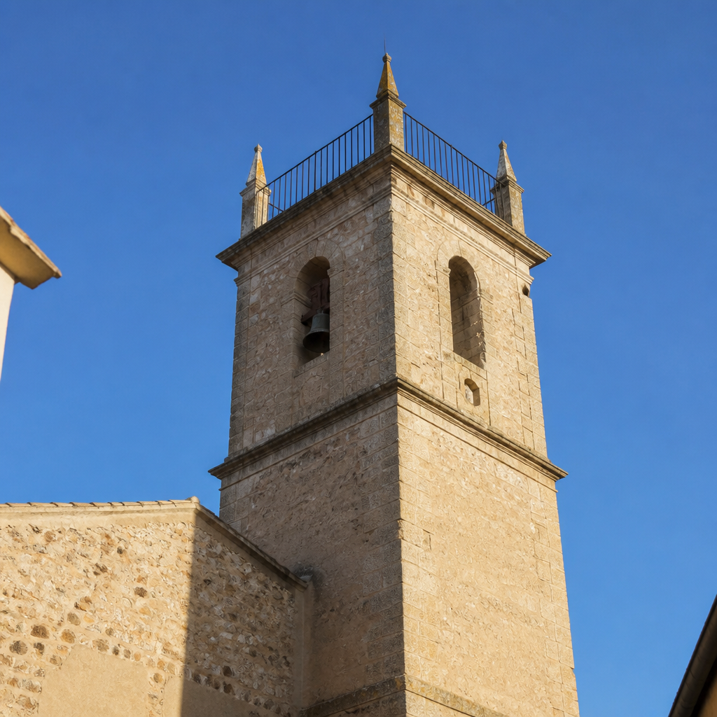 Torre de la Iglesia Parroquial de San Andrés Apóstol de Adamuz con balaustrada de hierro