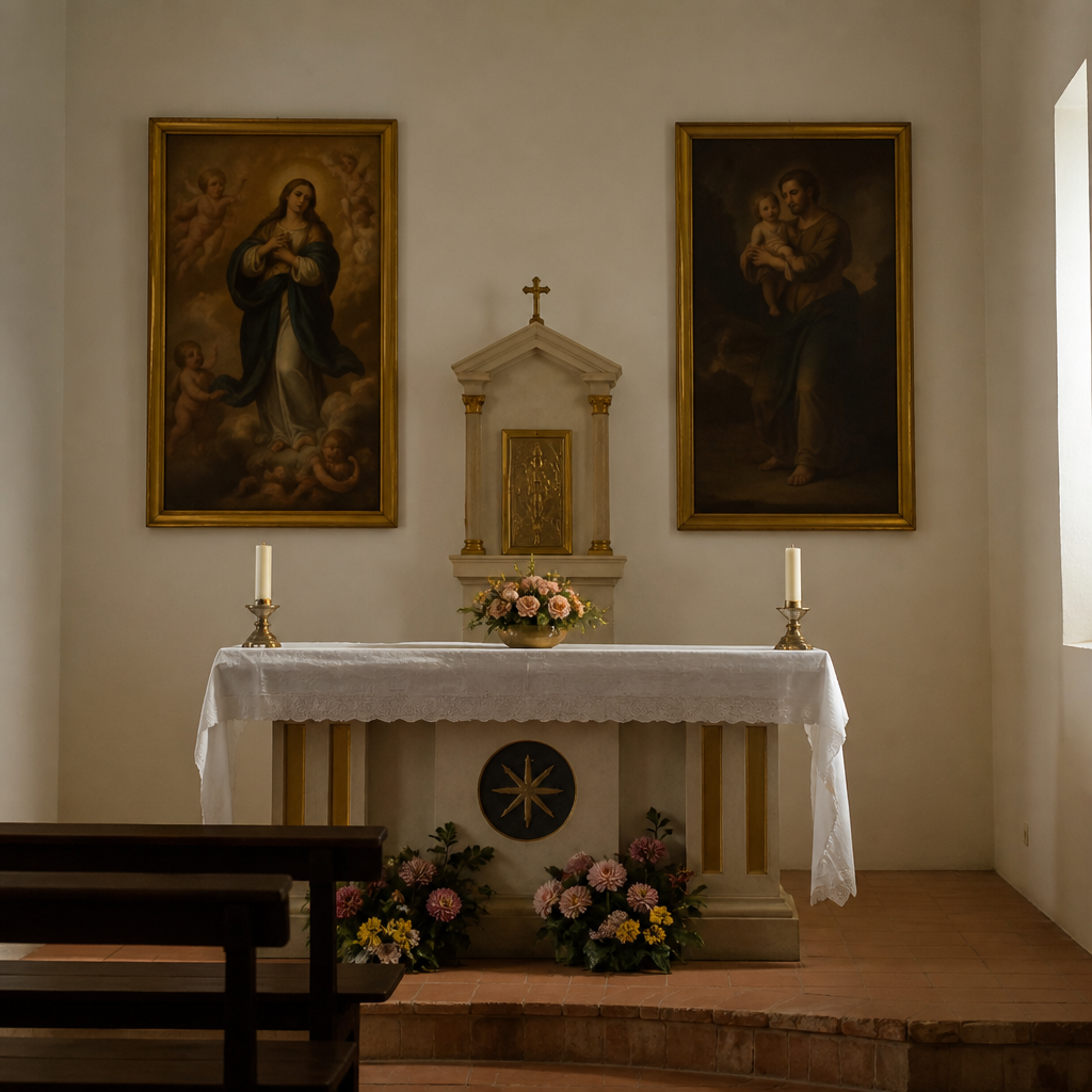 Altar y lienzos de la Virgen del Sol en el Oratorio de San Pío V de Adamuz