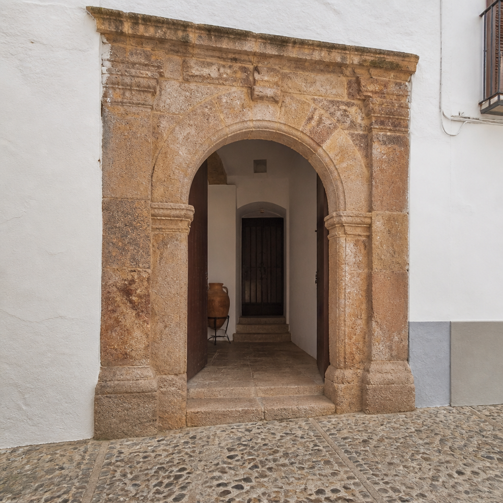 Portada de piedra molinaza del antiguo mesón, Centro de Interpretación de Adamuz, cerca del Pilar del Mesón del Obispo