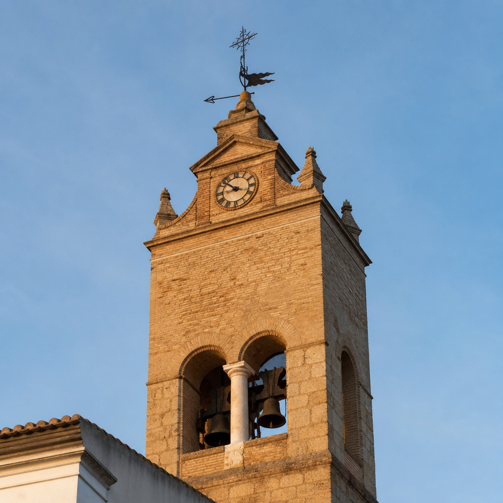Remate con reloj y veleta de la Torre del Reloj de Adamuz