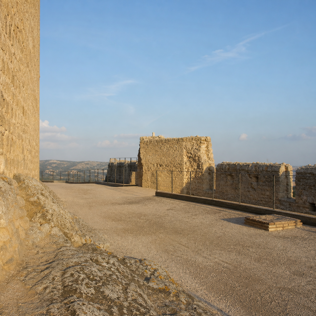 Explanada del castillo de Aguilar de la Frontera con restos de muralla al fondo.