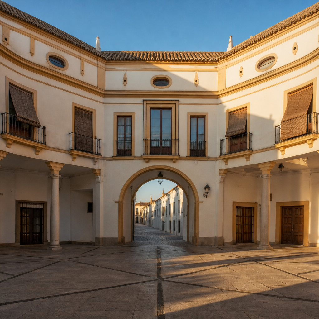 Paso cubierto con arco en el perímetro de la Plaza de San José de Aguilar de la Frontera, visto desde el centro