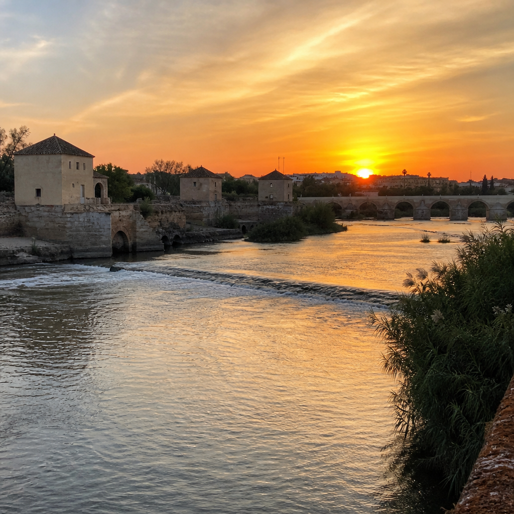 Molinos del Guadalquivir y noria de la Albolafia junto al Puente Romano de Córdoba