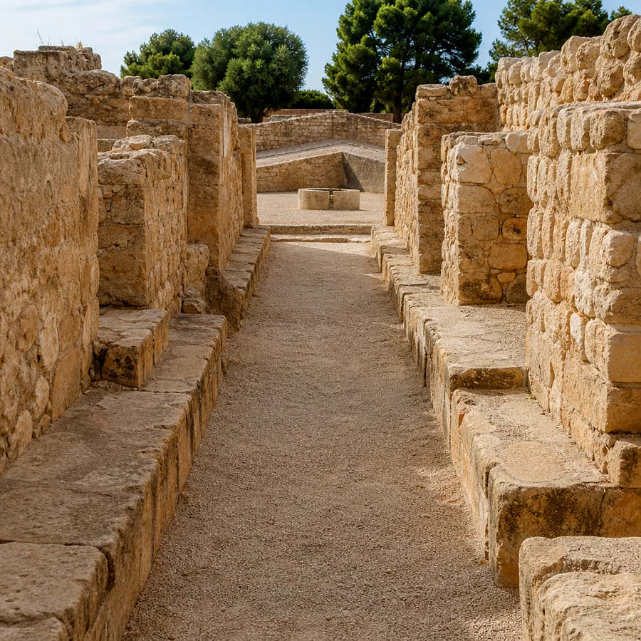 Recreación ilustrativa: Calle de los Umbrales y casa del patio triangular en el yacimiento de Lucentum, Alicante