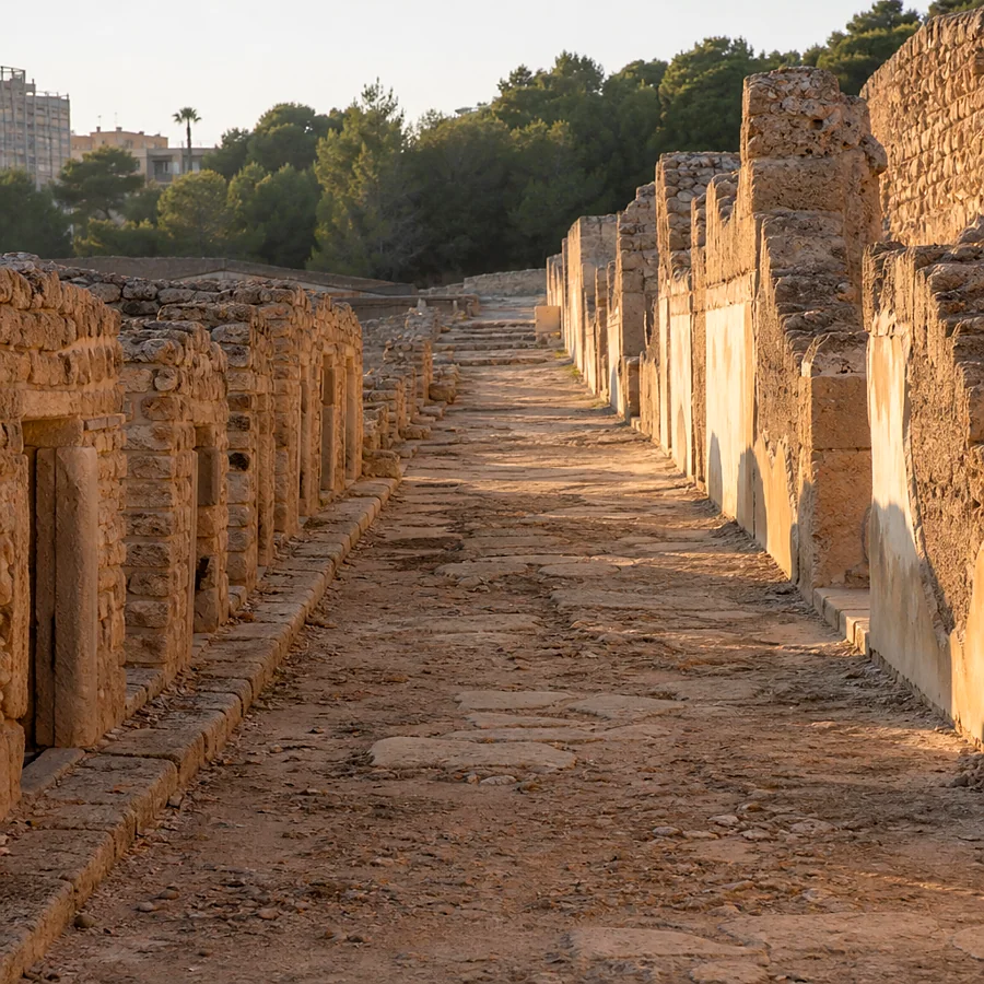 Recreación ilustrativa: Calle de Popilio y tiendas romanas en Lucentum, yacimiento arqueológico de Alicante