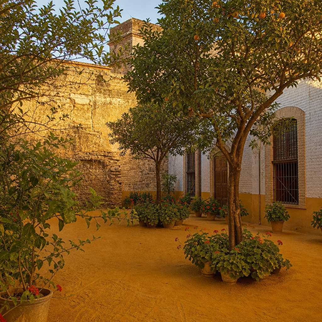 Patio con albero, naranjos y gitanillas del Ateneo Popular en Almodóvar del Río