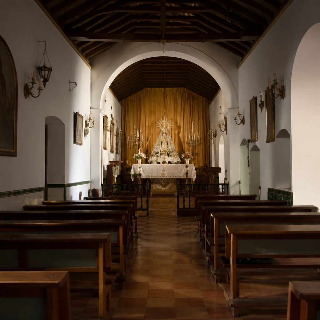 Altar e imagen de la Virgen en el interior de la ermita de la Virgen de la Peña, Añora