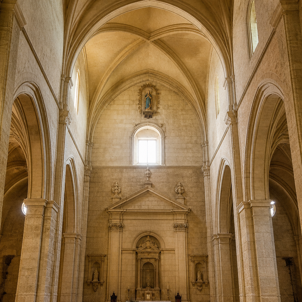 Pilares laterales cortados y una Virgen en lo alto de la iglesia.