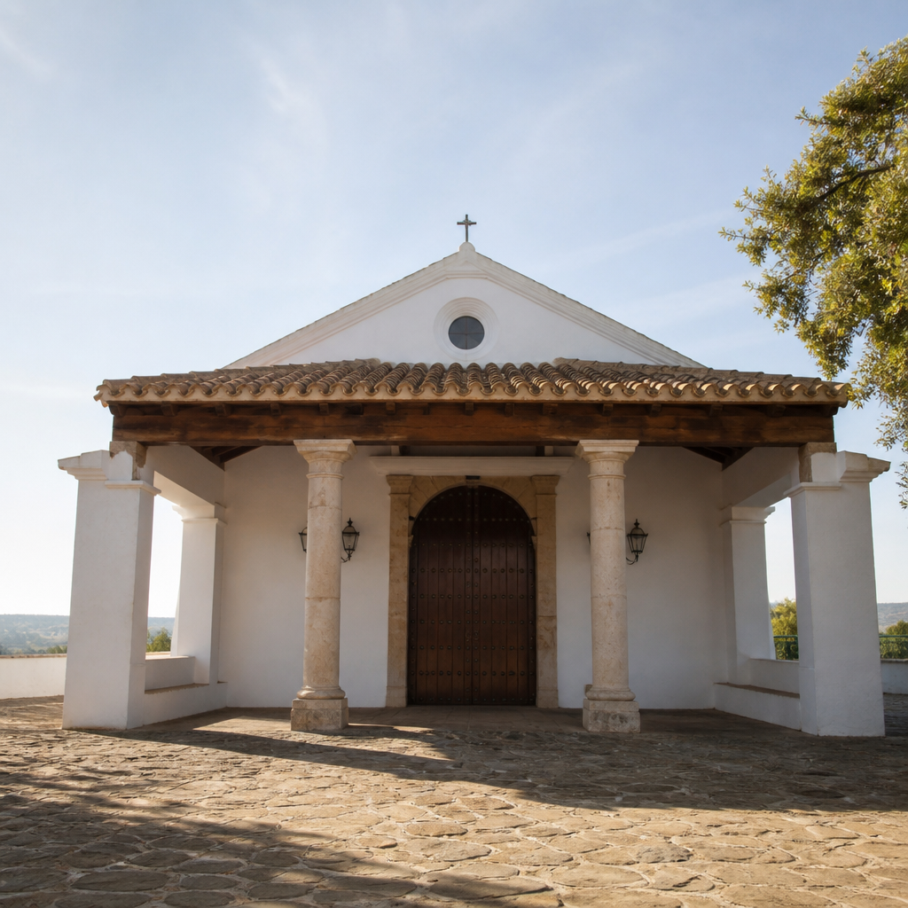 Porche y acceso de la Ermita de San Sebastián (El Santo) en Belalcázar con jardines