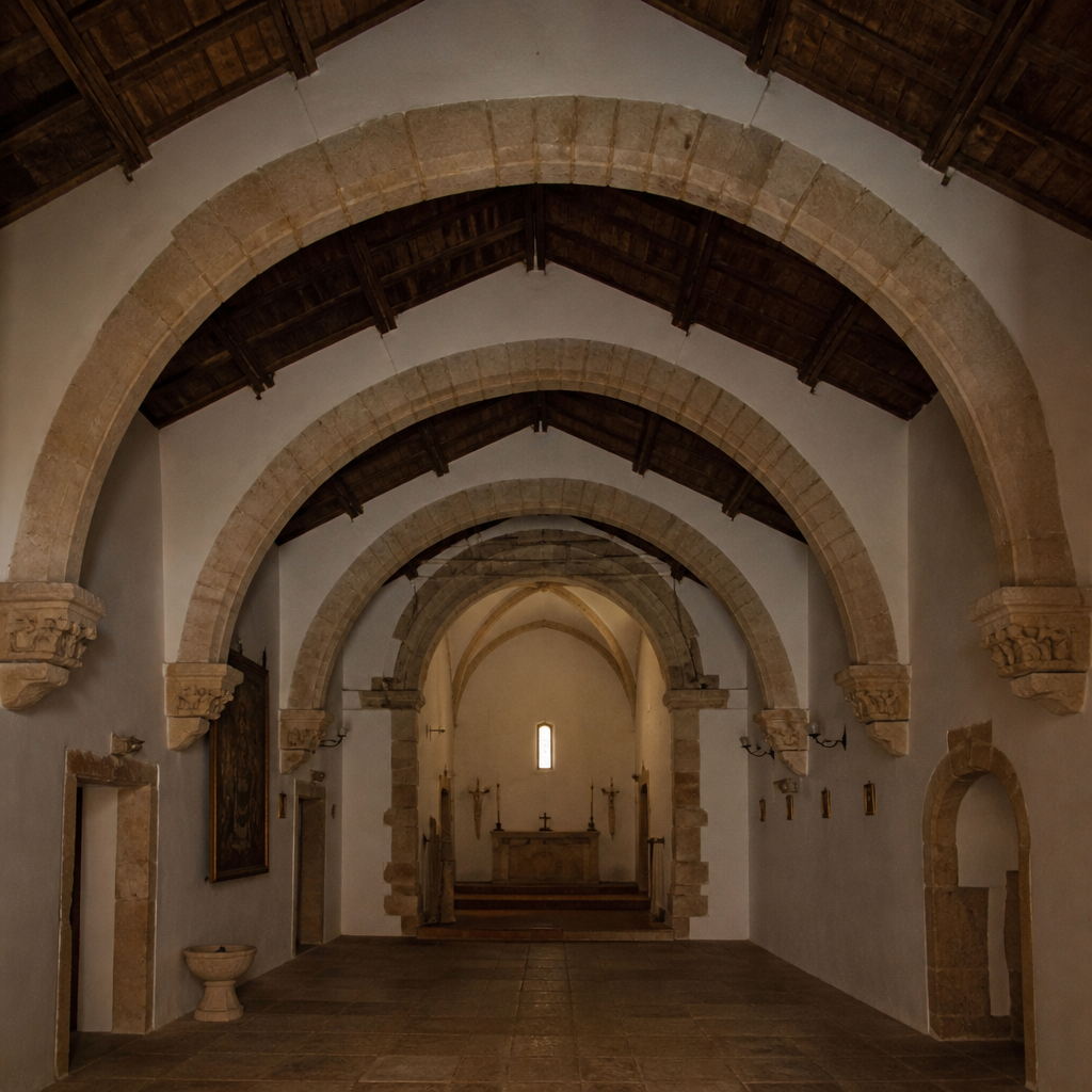 Interior de la Ermita de San Sebastián (El Santo) en Belalcázar con nave y bóveda del presbiterio