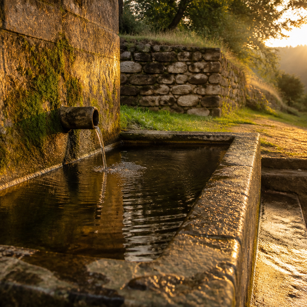 Recreación ilustrativa de un caño, una losa y un pilón de granito; no es una fotografía de la Fuente del Chorrillo