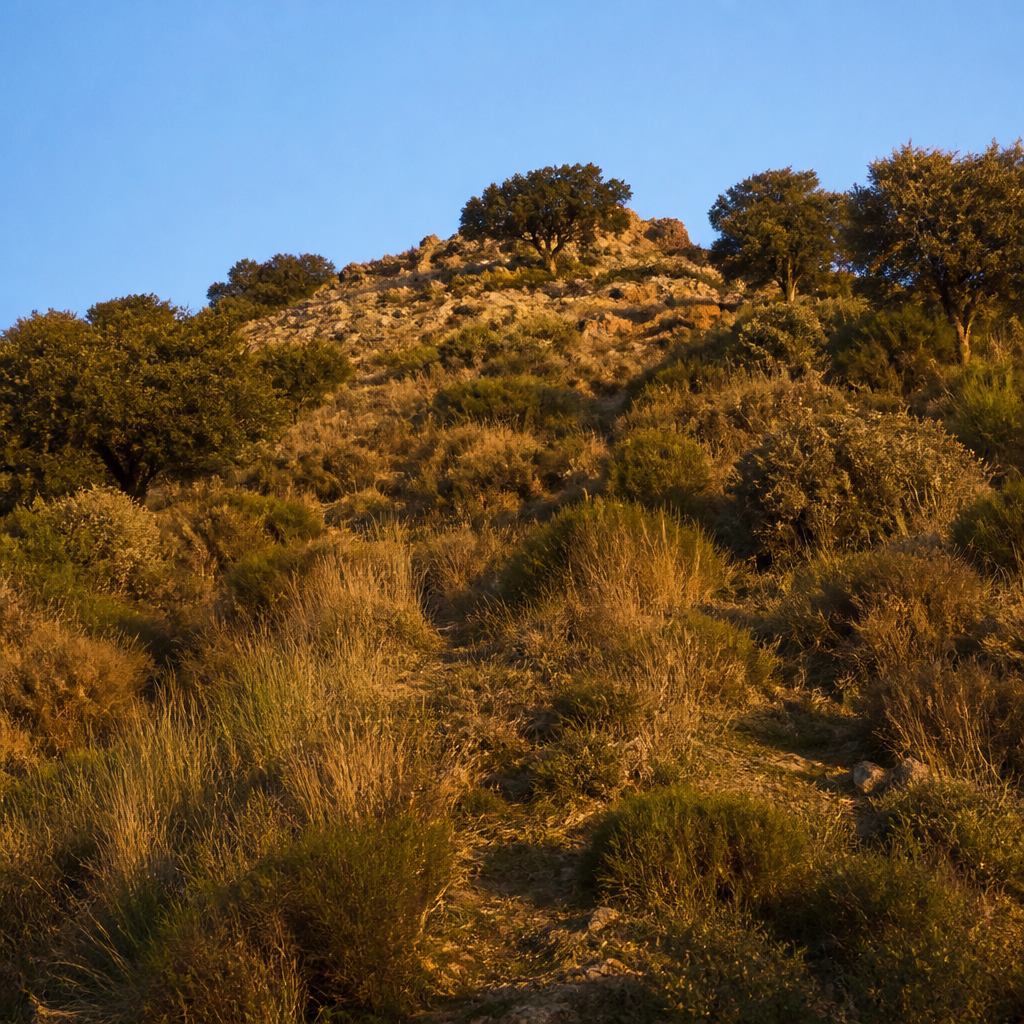 Ladera sureste del Castillo de Viandar en Belmez cubierta de vegetación