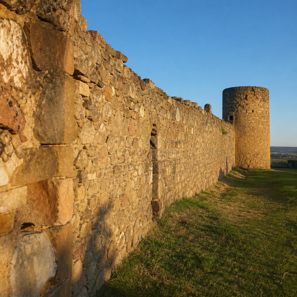 Ilustración genérica de muralla y torre cilíndrica medievales, no corresponde al castillo real