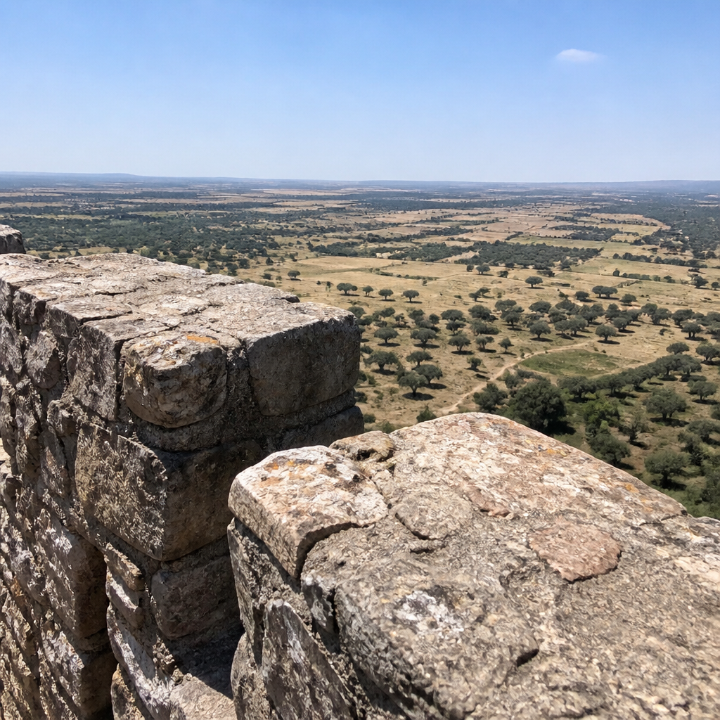 Ilustración genérica de una vista desde una torre de castillo hacia el campo, no es una vista real de Belmez