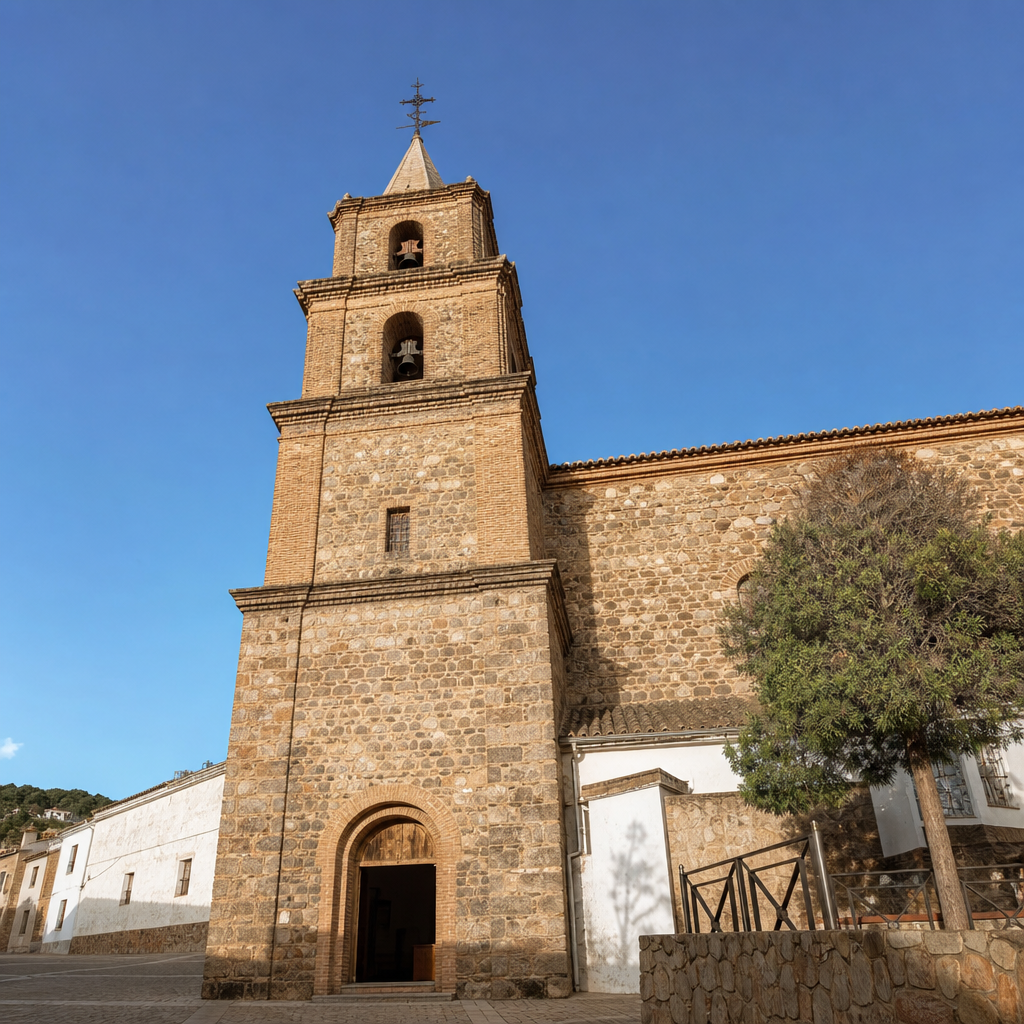 Torre-fachada de la Iglesia de la Anunciación de Belmez con portada de arco de medio punto