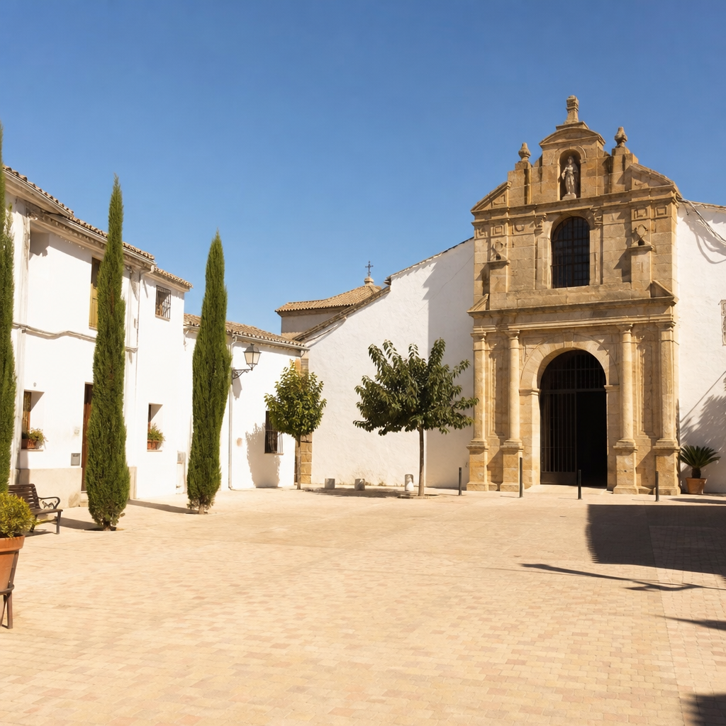 Plaza del convento de Benamejí junto a la portada del antiguo convento carmelita
