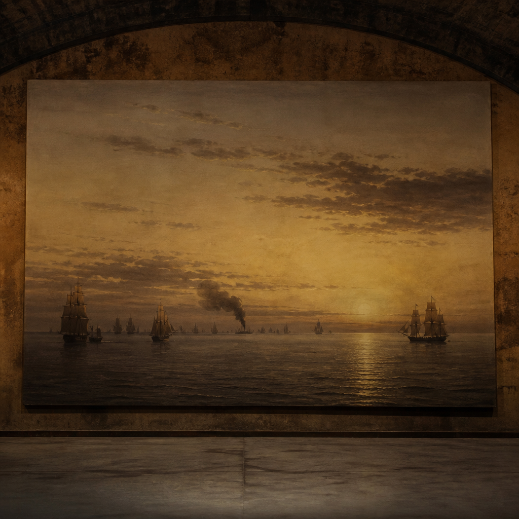 Escena marítima evocando el hundimiento de la fragata Mercedes en 1804