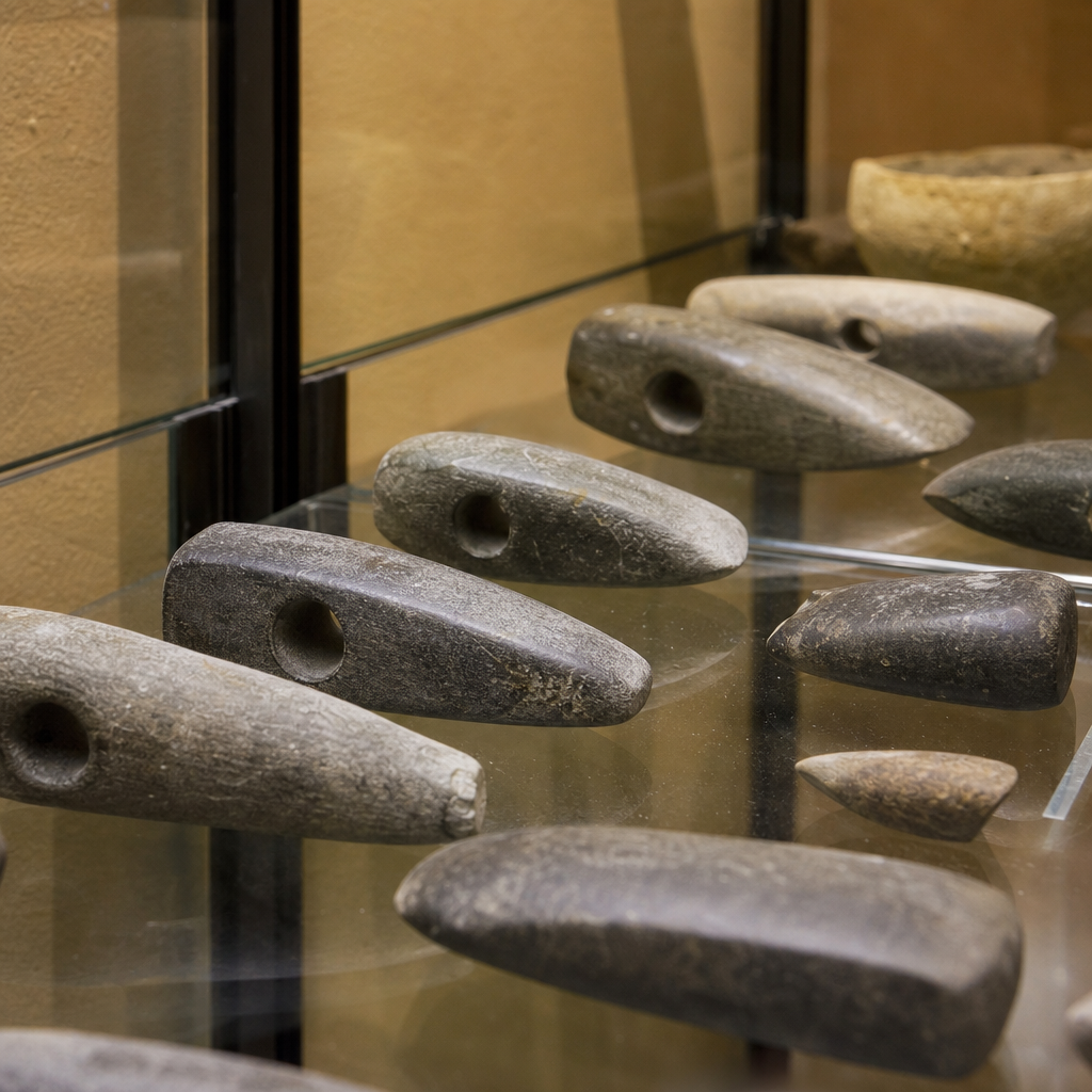 Herramientas y hachas de piedra en una vitrina de arqueología del museo.