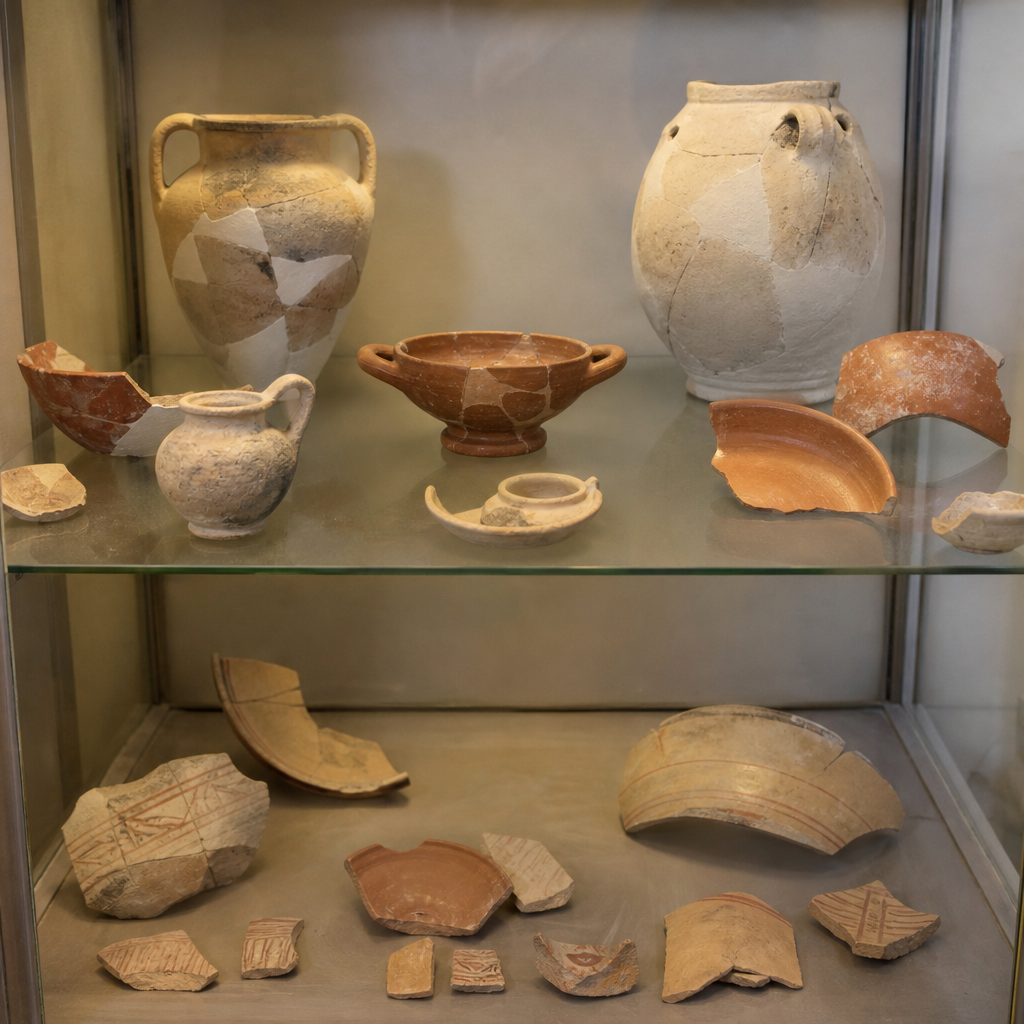 Cerámica antigua expuesta en una vitrina del museo.