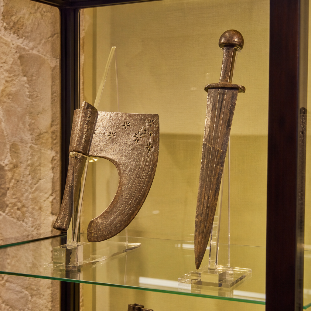 Hacha y espada corta antiguas en una vitrina del museo.