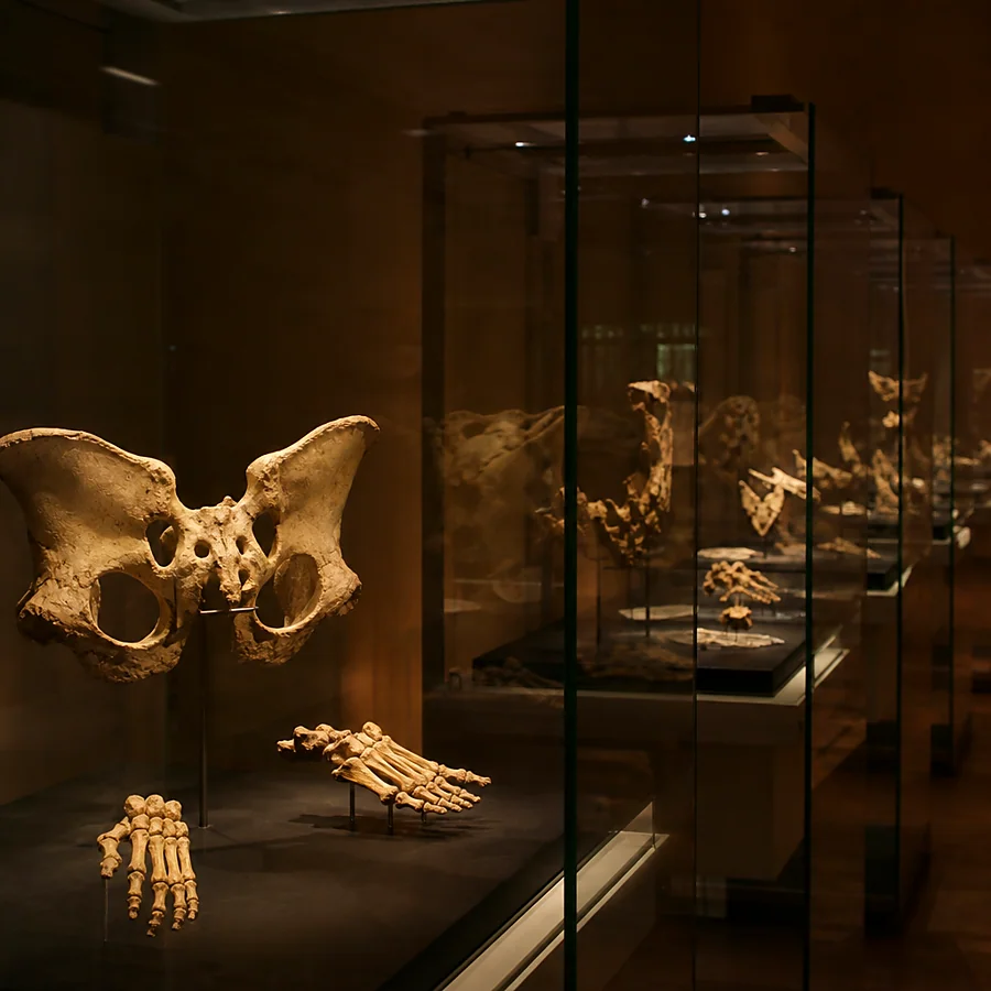 Recreación ilustrativa: Pelvis Elvis y otros fósiles de la Sima de los Huesos en el museo de Burgos
