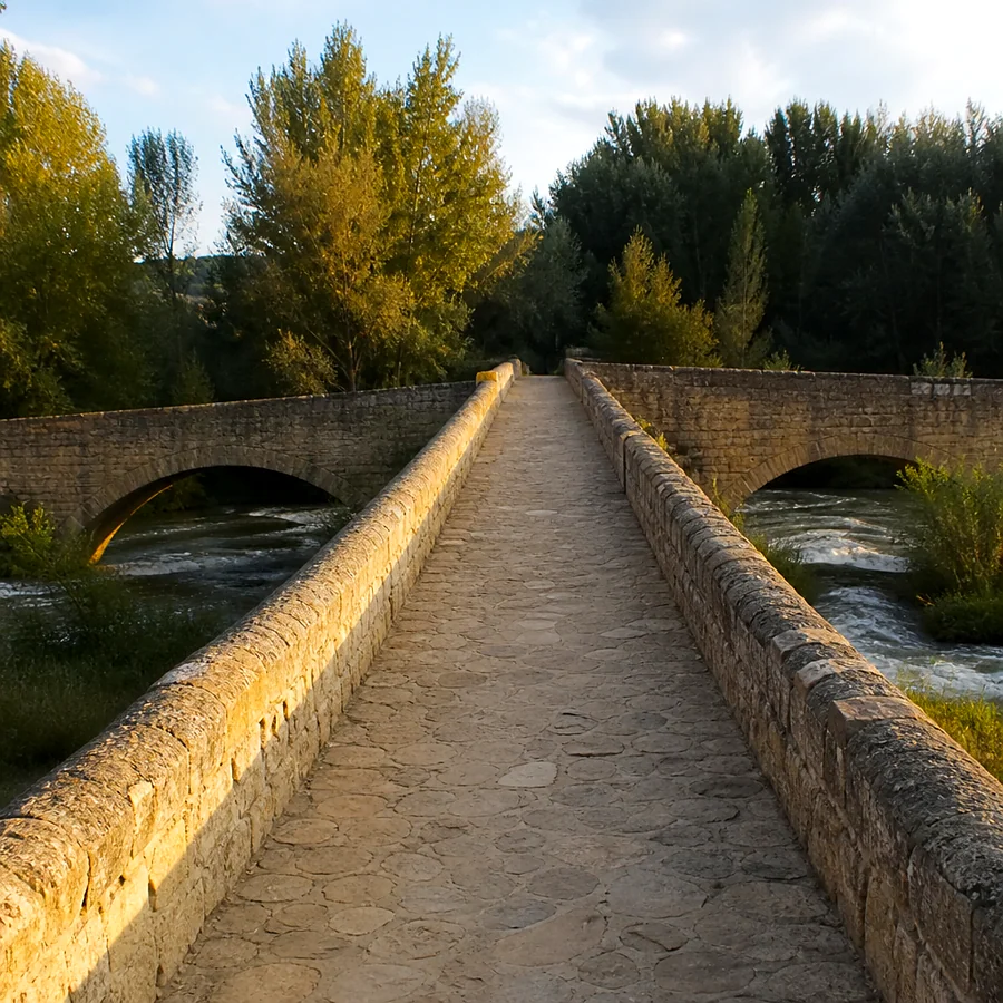 Recreación ilustrativa: Antepecho de piedra y arcos del puente de Malatos sobre el Arlanzón