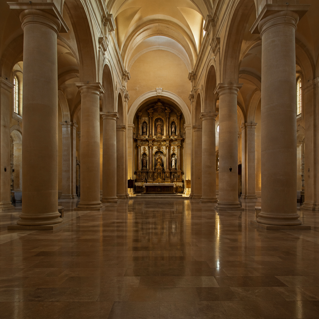 Interior con naves y columnas dóricas en la Iglesia de San Juan Bautista de Cabra, visita al altar