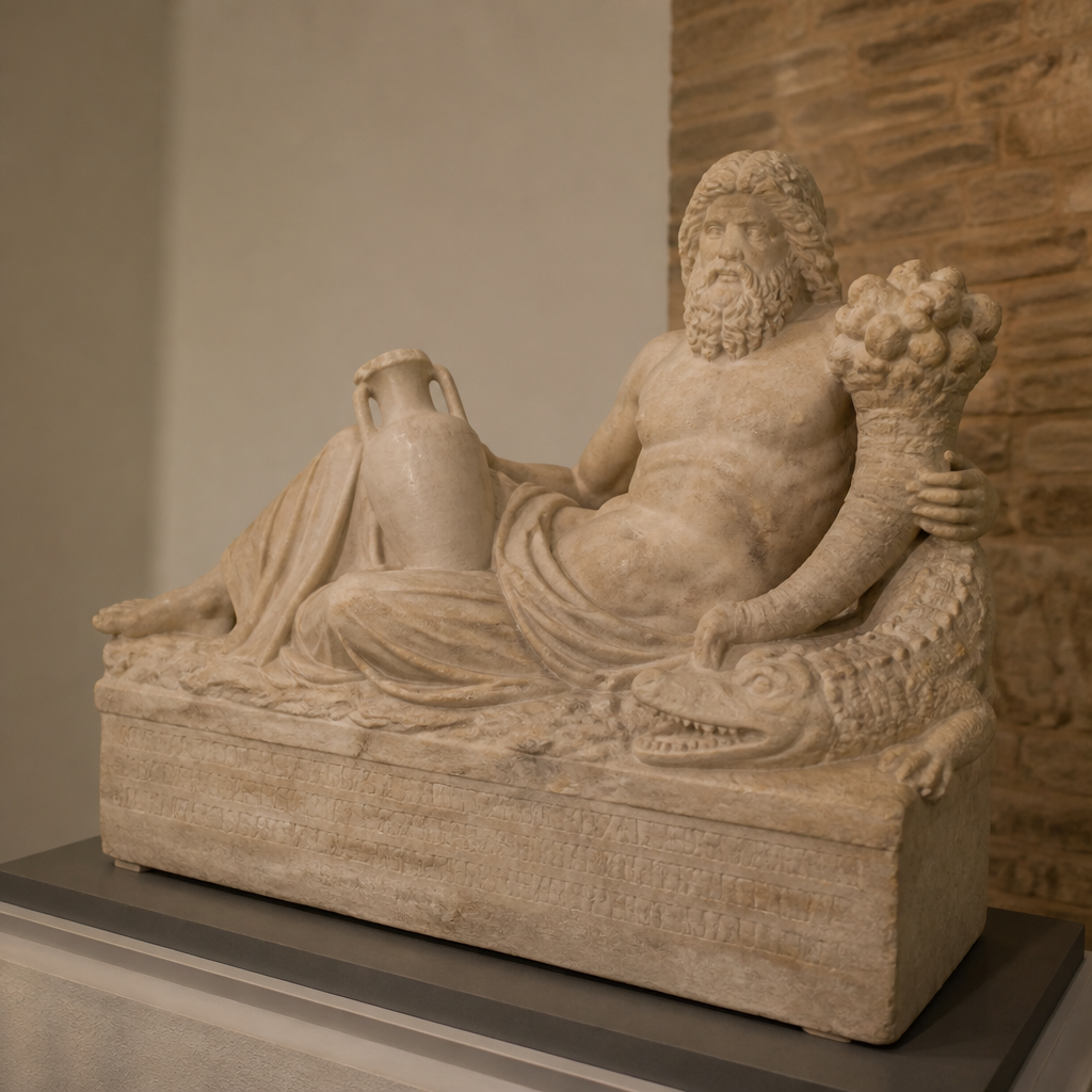 Escultura romana de mármol del dios del Nilo de Igabrum sobre su base con inscripción.