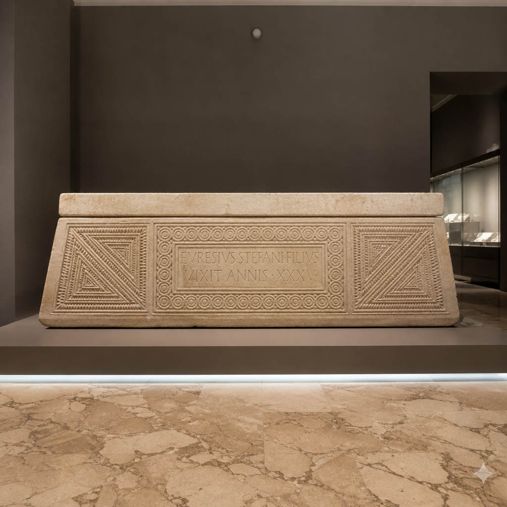 Copia de la tapa del sarcófago visigodo de Evresivs con motivos geométricos e inscripción.