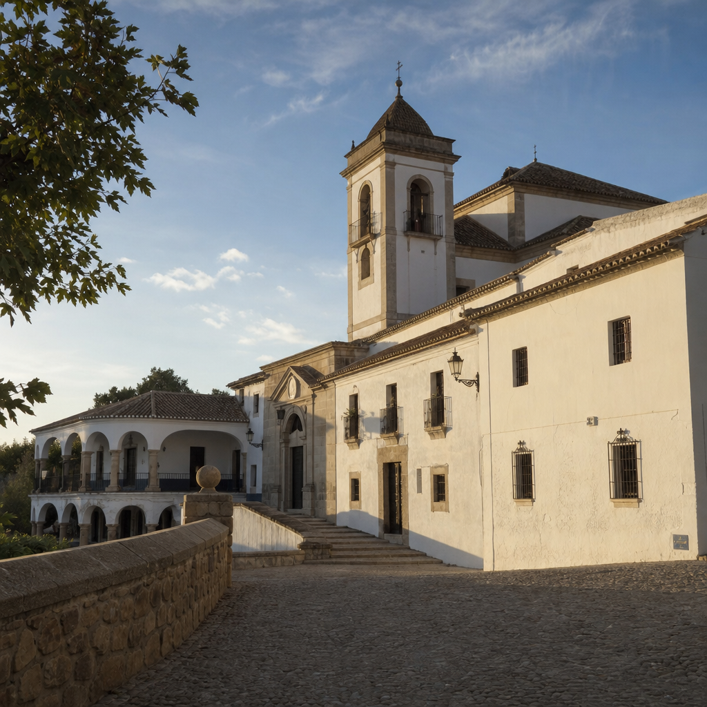 El patio porticado y las dependencias del santuario vistos desde la explanada.