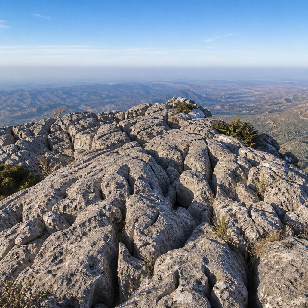 Roca caliza erosionada en la cima del Picacho, ante un horizonte amplio.