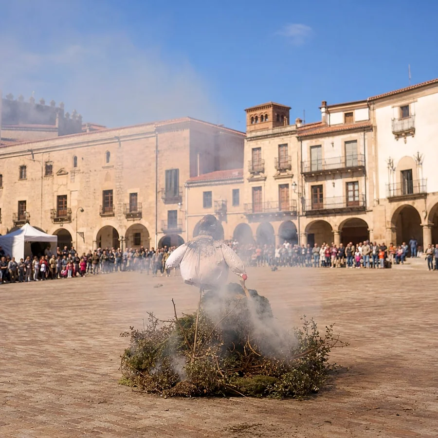 Recreación ilustrativa: Quema del Pelele en la Plaza Mayor de Cáceres durante la Fiesta de las Lavanderas.