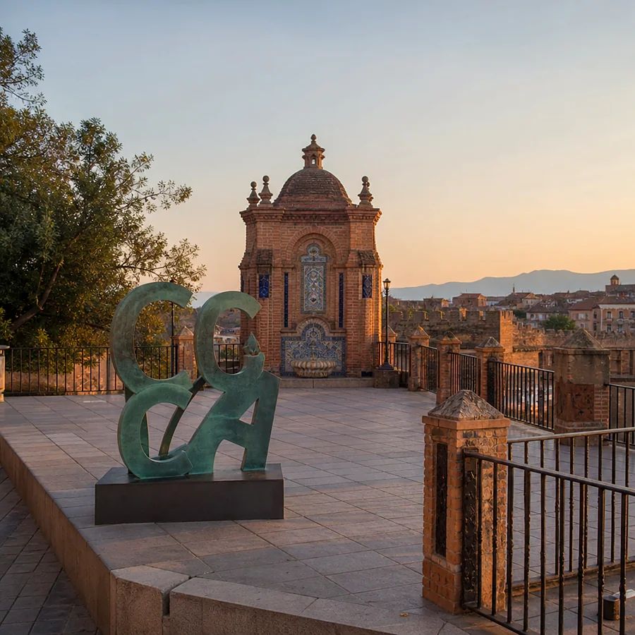 Recreación ilustrativa: Bandeja del Paseo Alto de Cáceres con barandilla y letras verdes