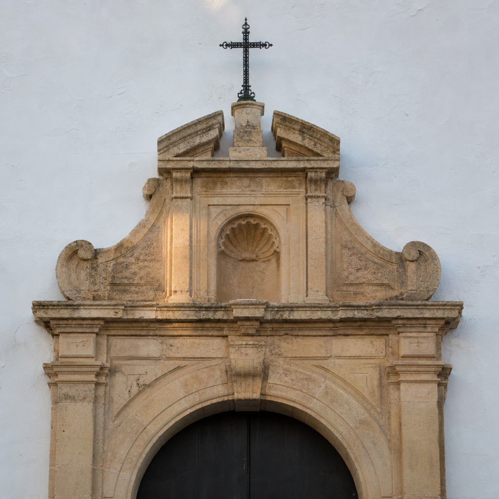 Portada de piedra con arco y frontón quebrado de la Ermita de Jesús Nazareno