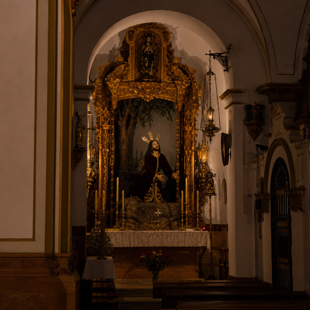 Imagen ilustrativa del Señor Orando en el Huerto junto a un altar, en la Ermita de Madre de Dios