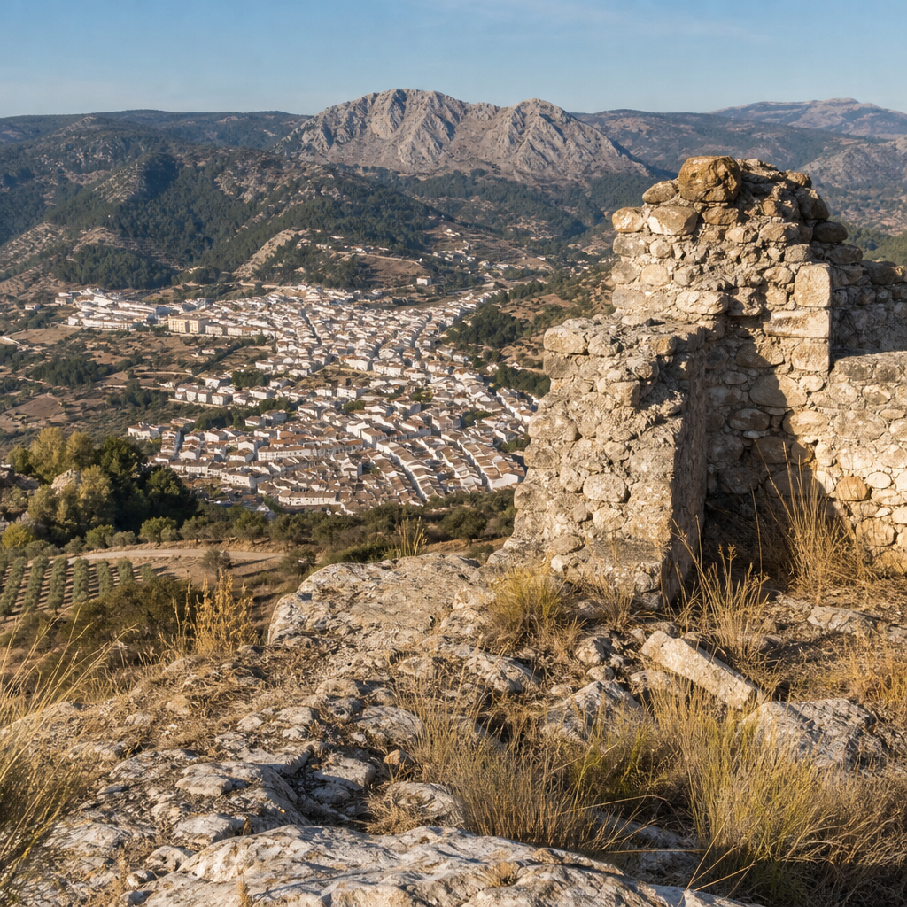 Vista desde el Castillo del Algar en Carcabuey hacia la aldea de Algar y los riscos