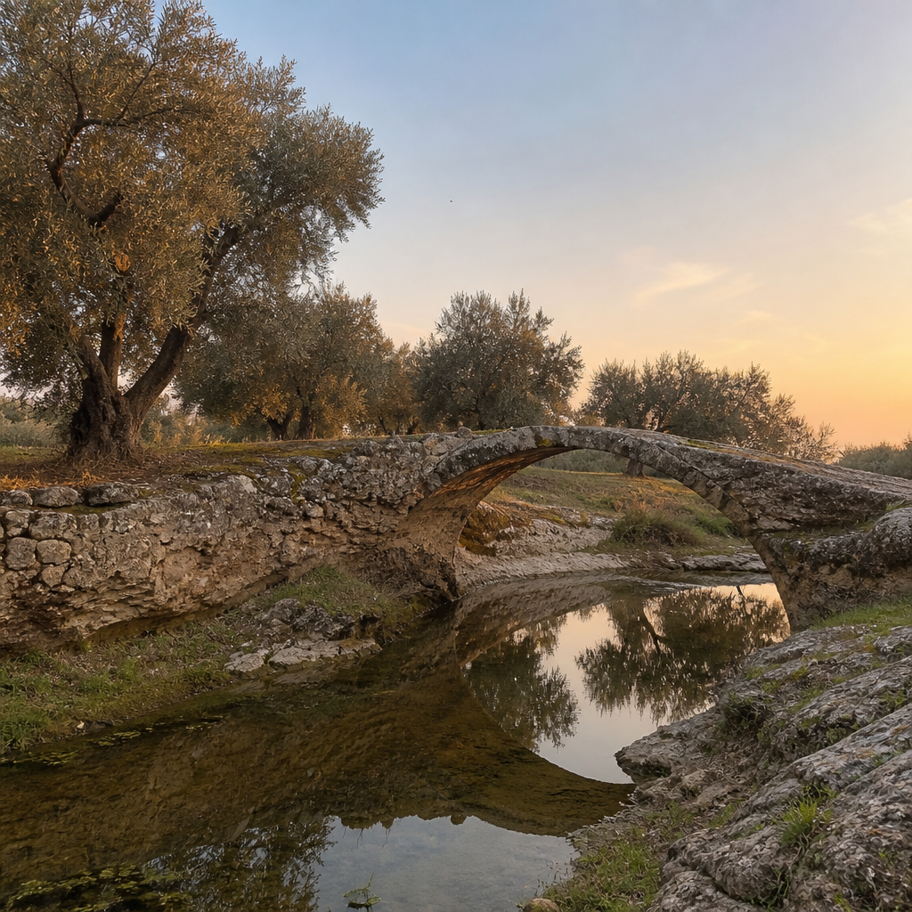 Arco único del puente califal del arroyo Palancar en Carcabuey al atardecer