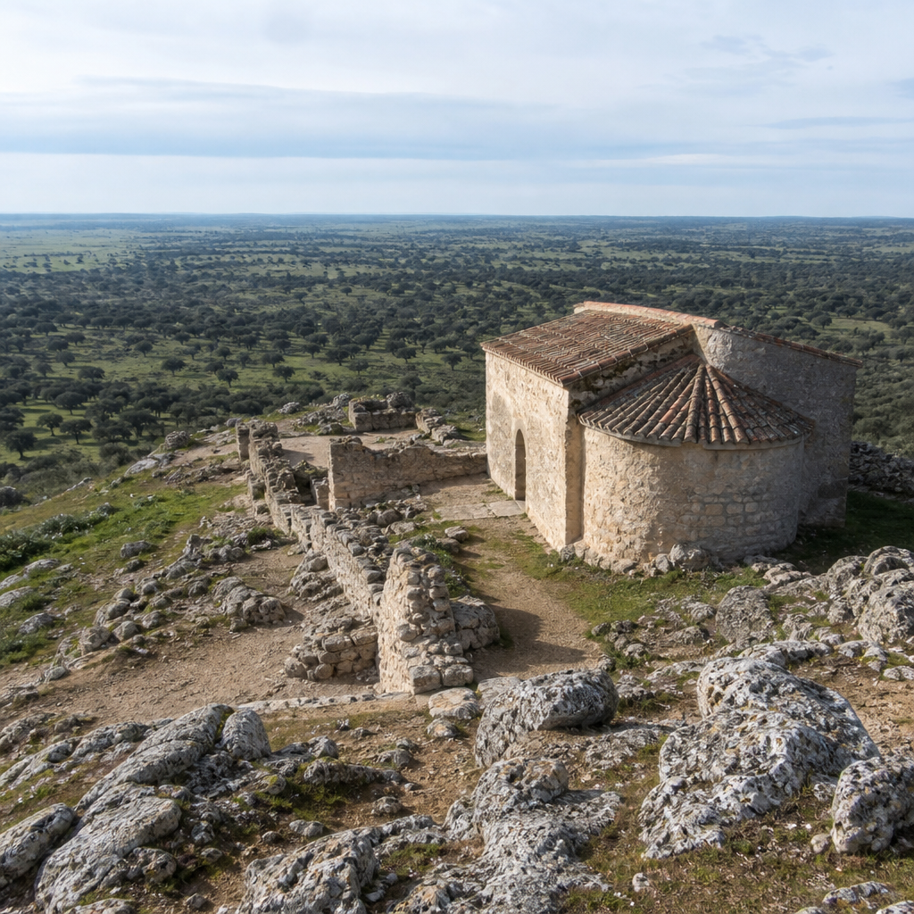 Cima del cerro del Castillo de Azuel con la ermita y vistas a la dehesa