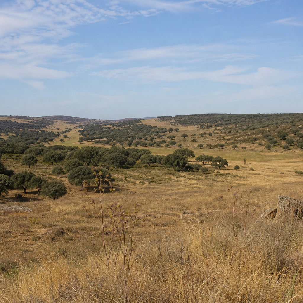 Paisaje de dehesa entre cañadas donde se buscan dólmenes en Torrubia, Cardeña
