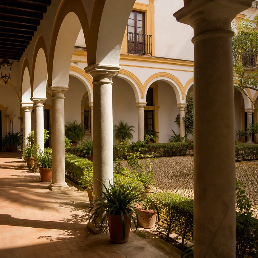 Recreación ilustrativa: Patio con arquerías de la casa palacio del Marqués de San Martín en Carmona