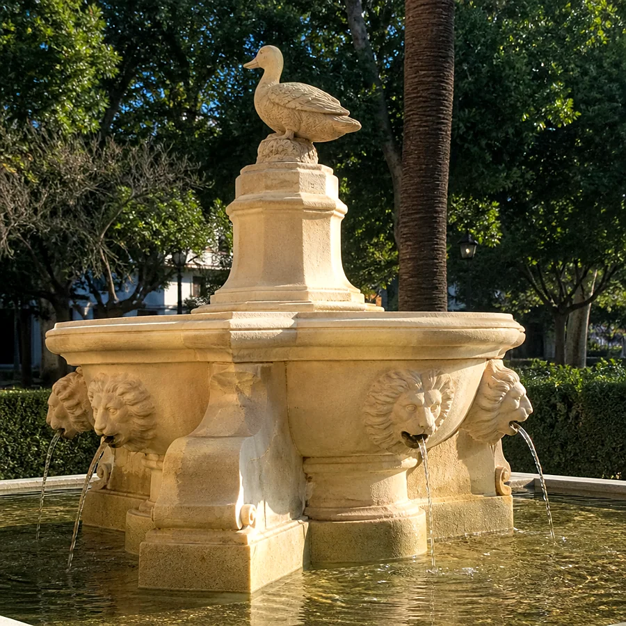 Recreación ilustrativa: Fuente del pato de la Alameda de Carmona con inscripciones de 1801