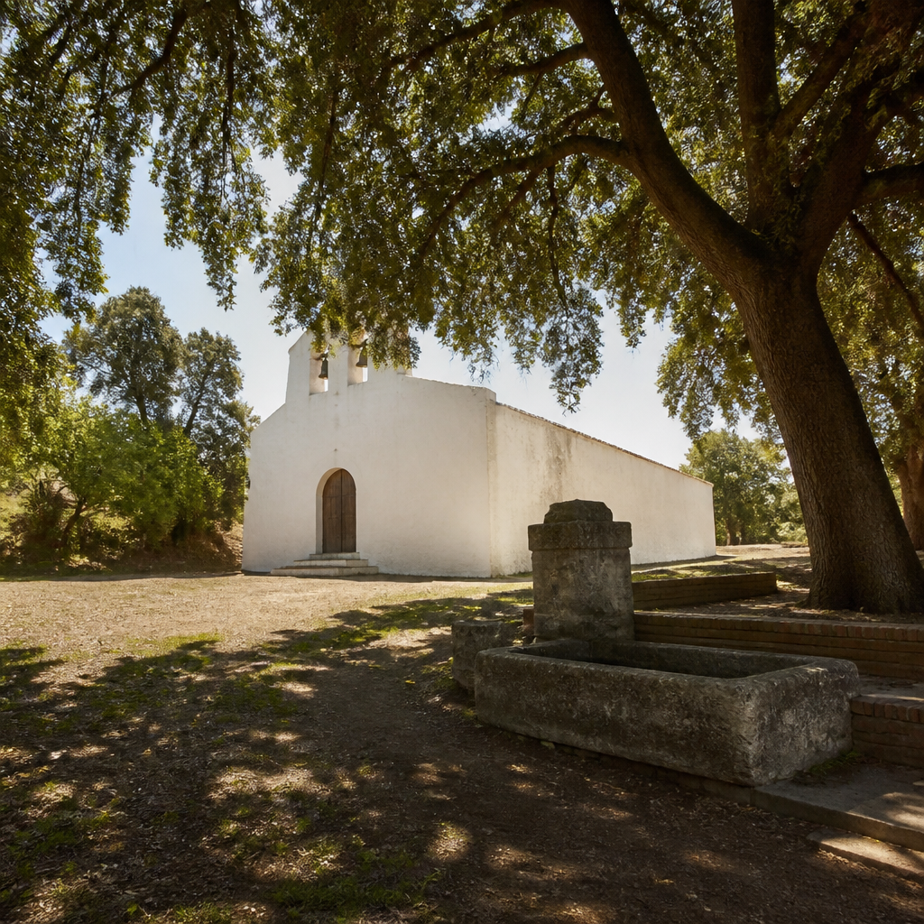 Entorno de la Ermita de San Gregorio en Conquista con encina, fuente y murete de ladrillo