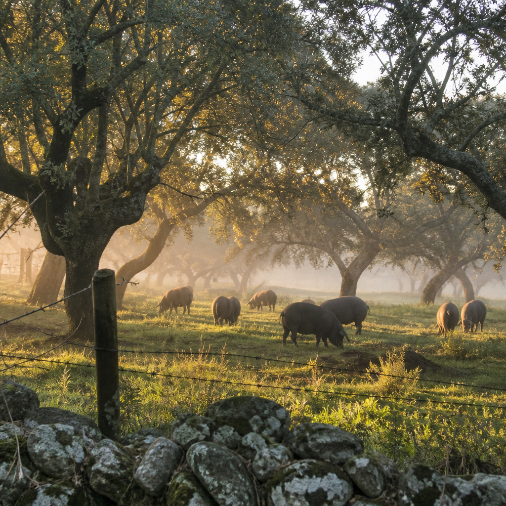 Cerdos ibéricos en montanera bajo las encinas de la dehesa de Los Pedroches