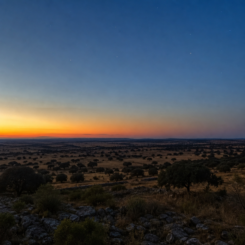 Mirador Starlight de Hinojosa del Duque sobre la dehesa de Los Pedroches al anochecer